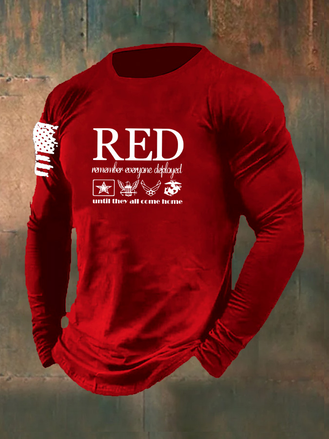 Men'S Red Remember Everyone Deployed Until They All Come Home Pattern Long Sleeve 100% Cotton T-Shirt