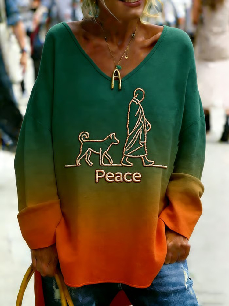 Retro Walk For Peace Monks With Aloka Dog Gradient Print Casual T-shirt