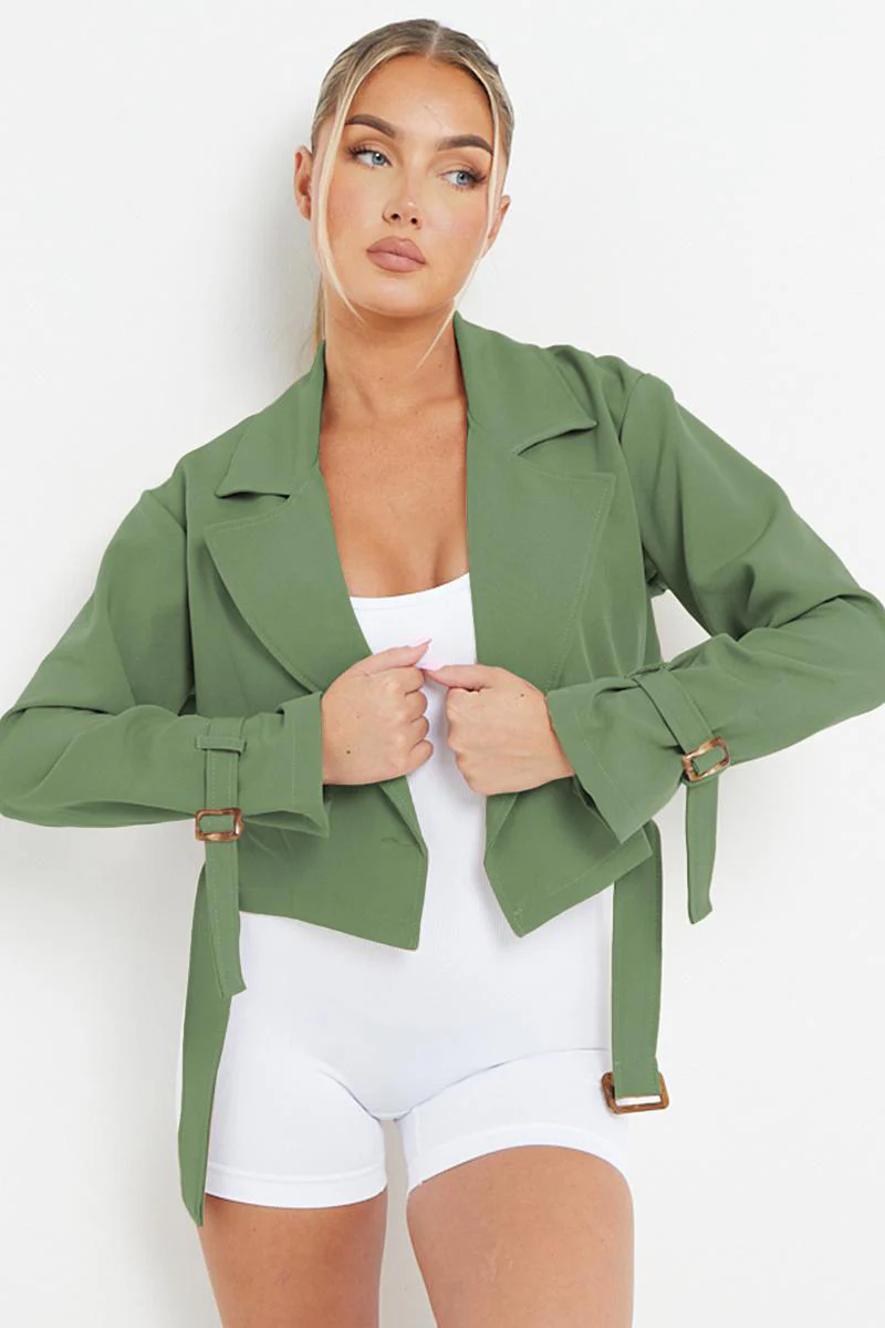 Trendy Notch Lapel Belt Decor Cropped Jacket