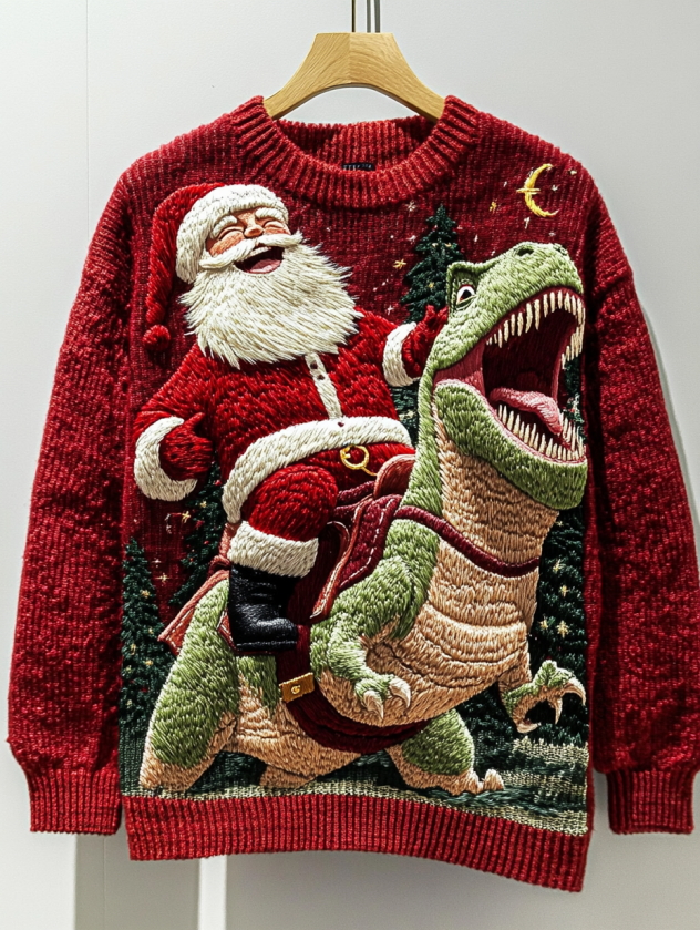 Men's Happy Santa Claus And Dinosaur Mount Knit Sweatshirt