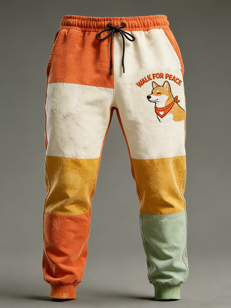 Peace Dog Pattern Retro Color Block Patch Men's Casual Long Pants