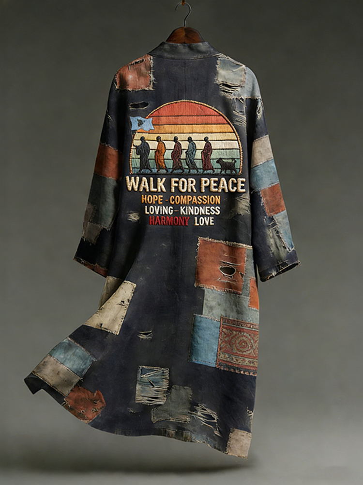 Vintage Peace For Walk Art In Patchwork Print Linen Long Kimono