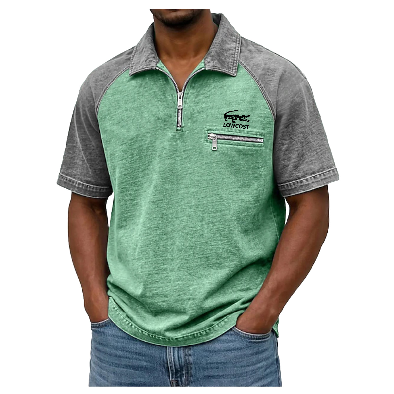 SoftFade™ Men's Polo Shirts 100% Cotton Acid Wash Shirt Casual Streetwear Lapel Quarter Zip Short Sleeve Fashion Basic Plain Color Block Distressed Spring & Summer Relaxed Fit Navy Blue Army