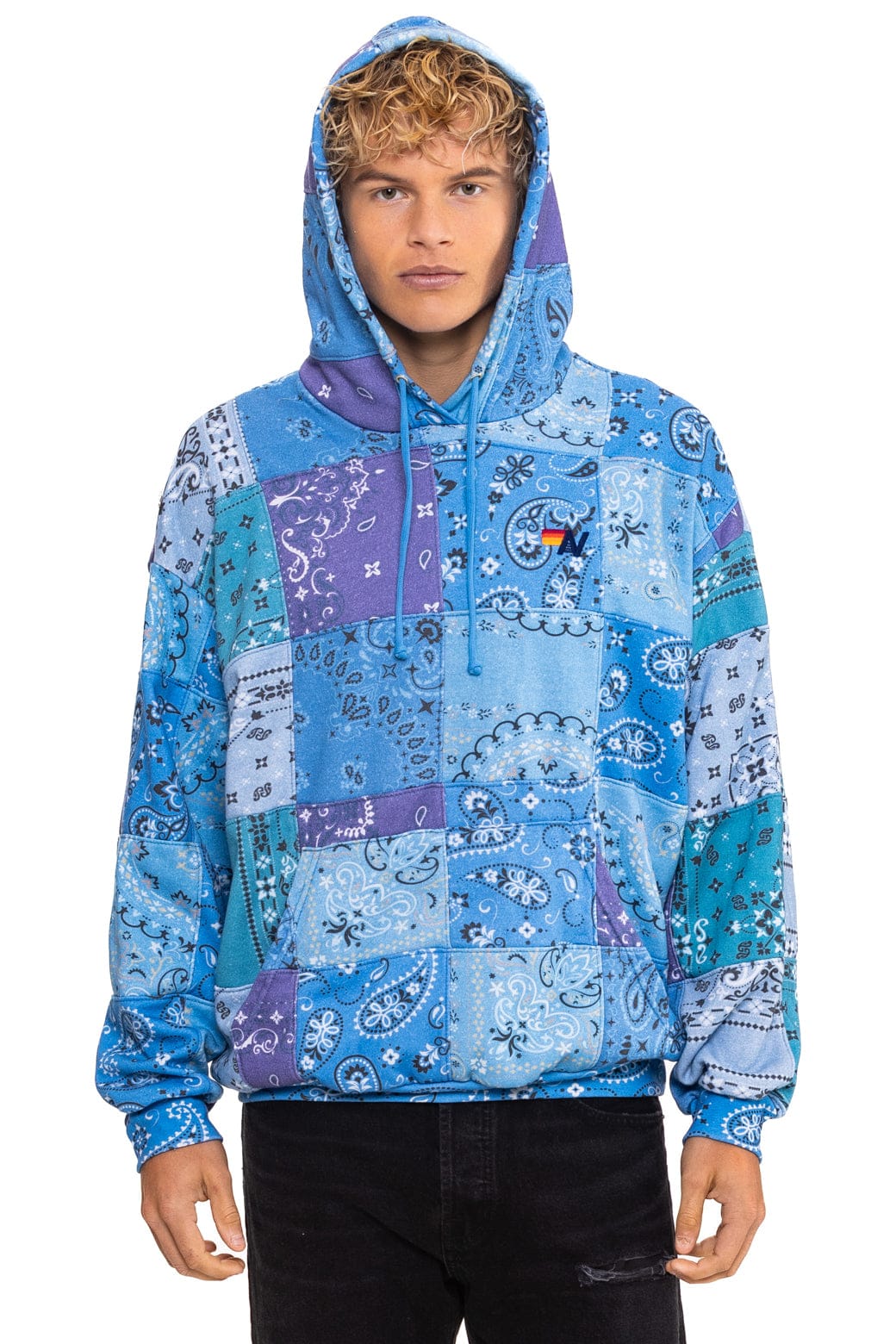 BANDANA QUILTED RELAXED PULLOVER HOODIE - BLUE