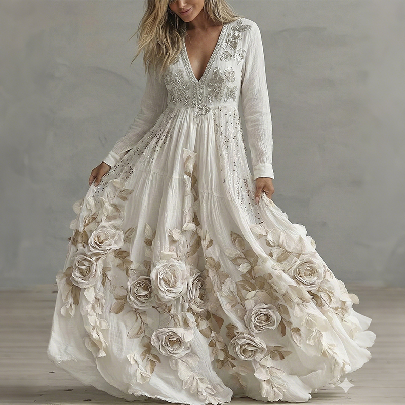 Vintage Boho Floral Art V Neck Maxi Dress