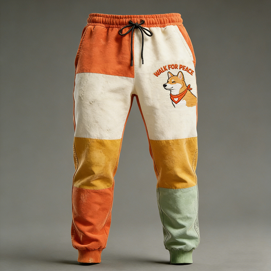 Peace Dog Pattern Retro Color Block Patch Men's Casual Long Pants