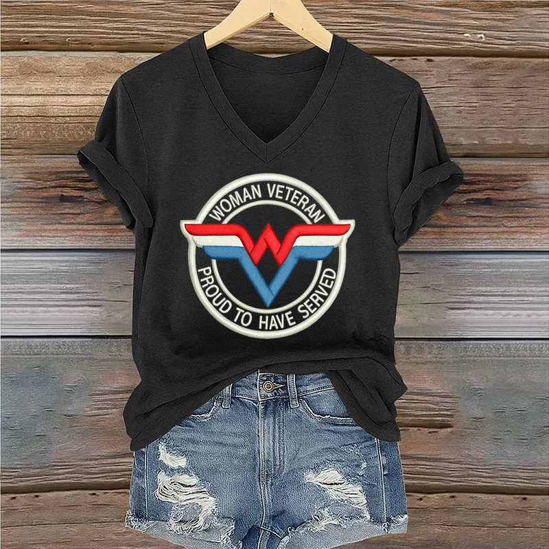 Women's Veteran Print Casual V-Neck Short Sleeve T-Shirt