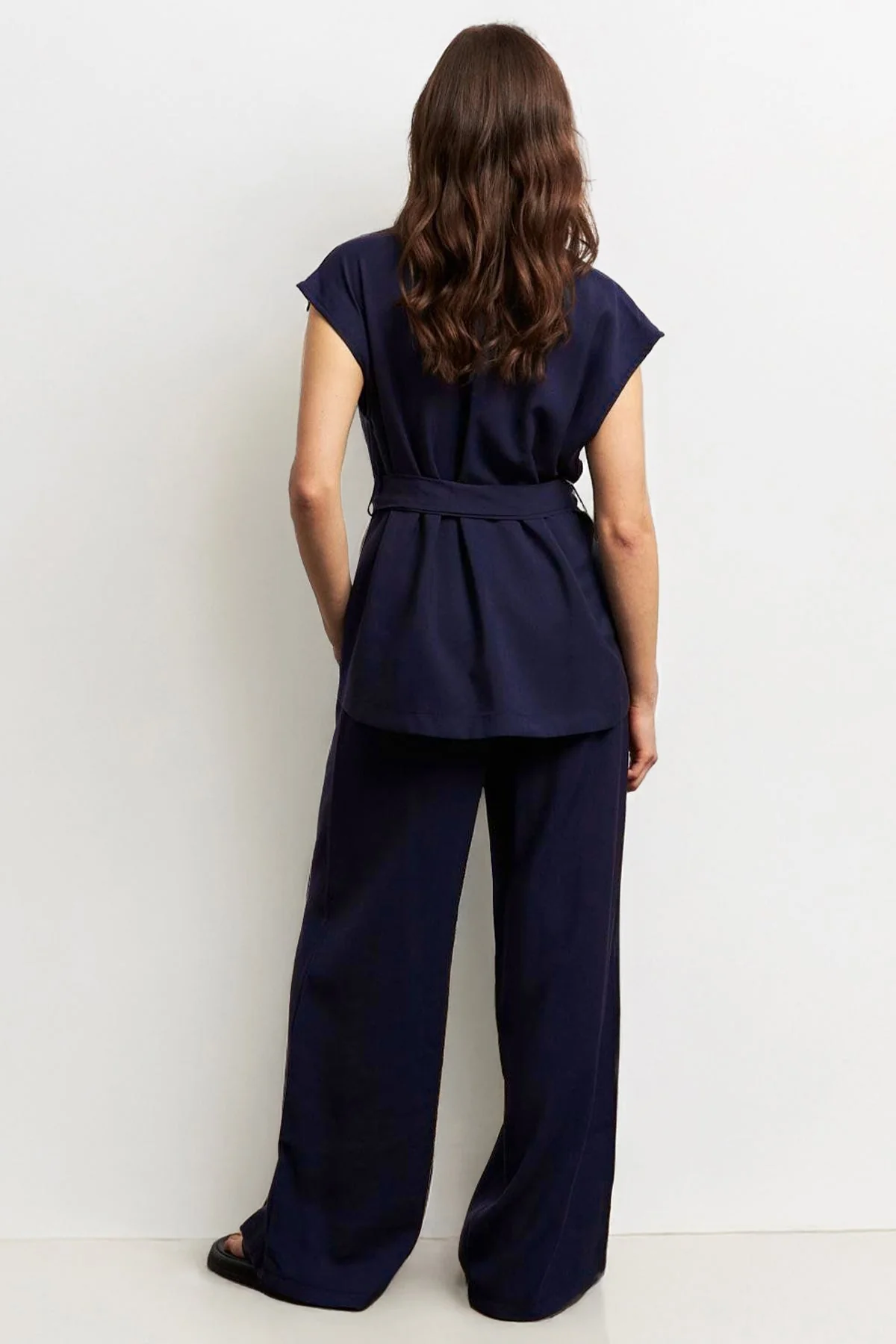 Notch Lapel Cap Sleeve Waist Tie Blazer Top & Wide Leg Trousers Co-ord