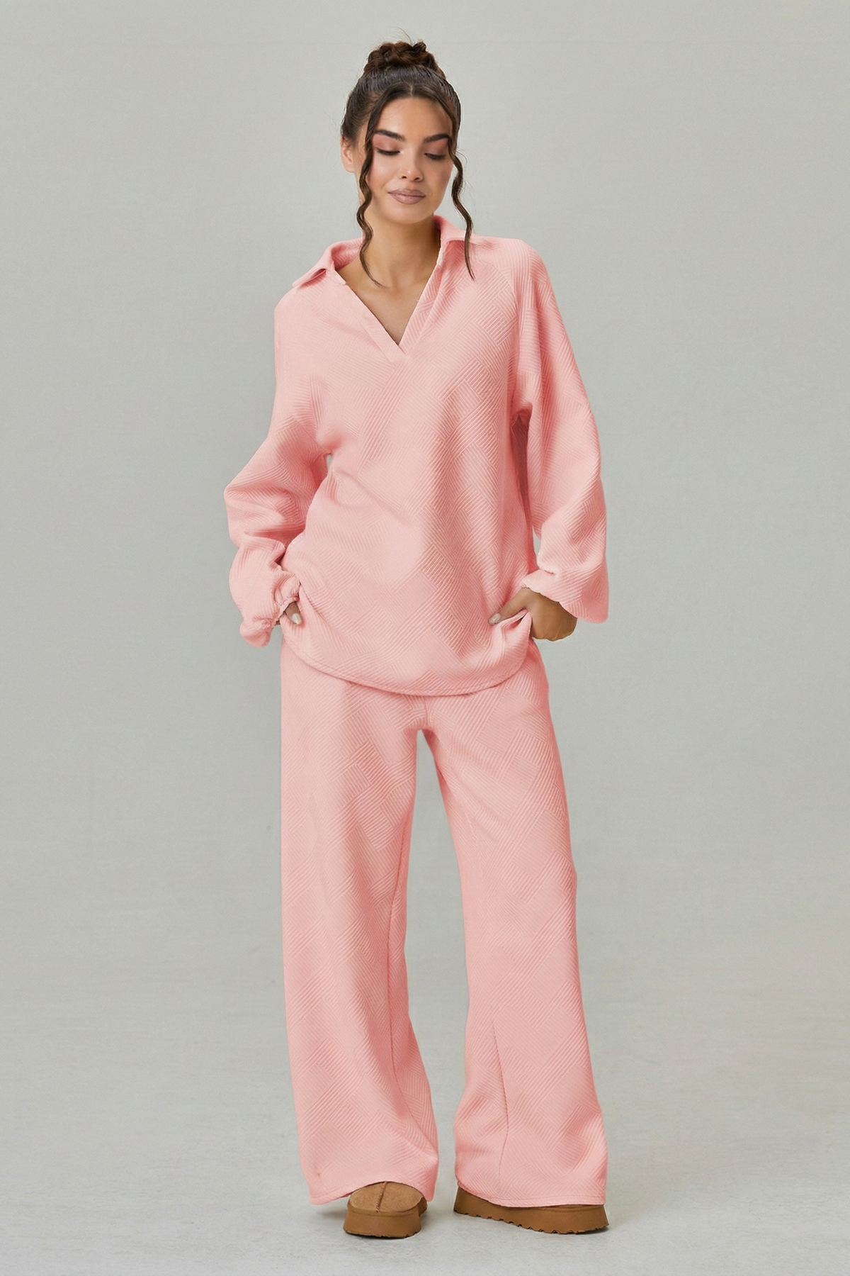 KatchMe Slouchy Loose Textured V-Neck Pullover & Wide-Leg Trousers Co-ord