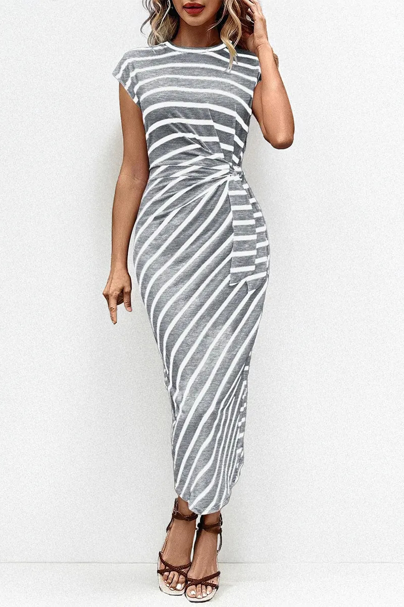 Summer Elegant Color Matching Stripe Knotted Slinky Maxi Dress
