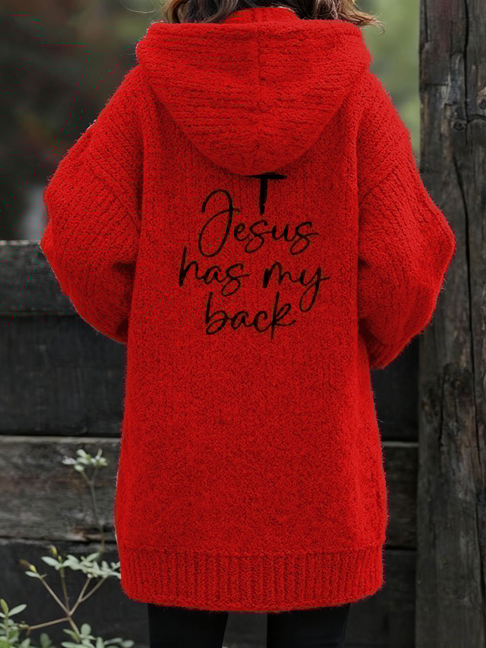 Women's Jesus Has My Back Printed Warm Knit Cardigan