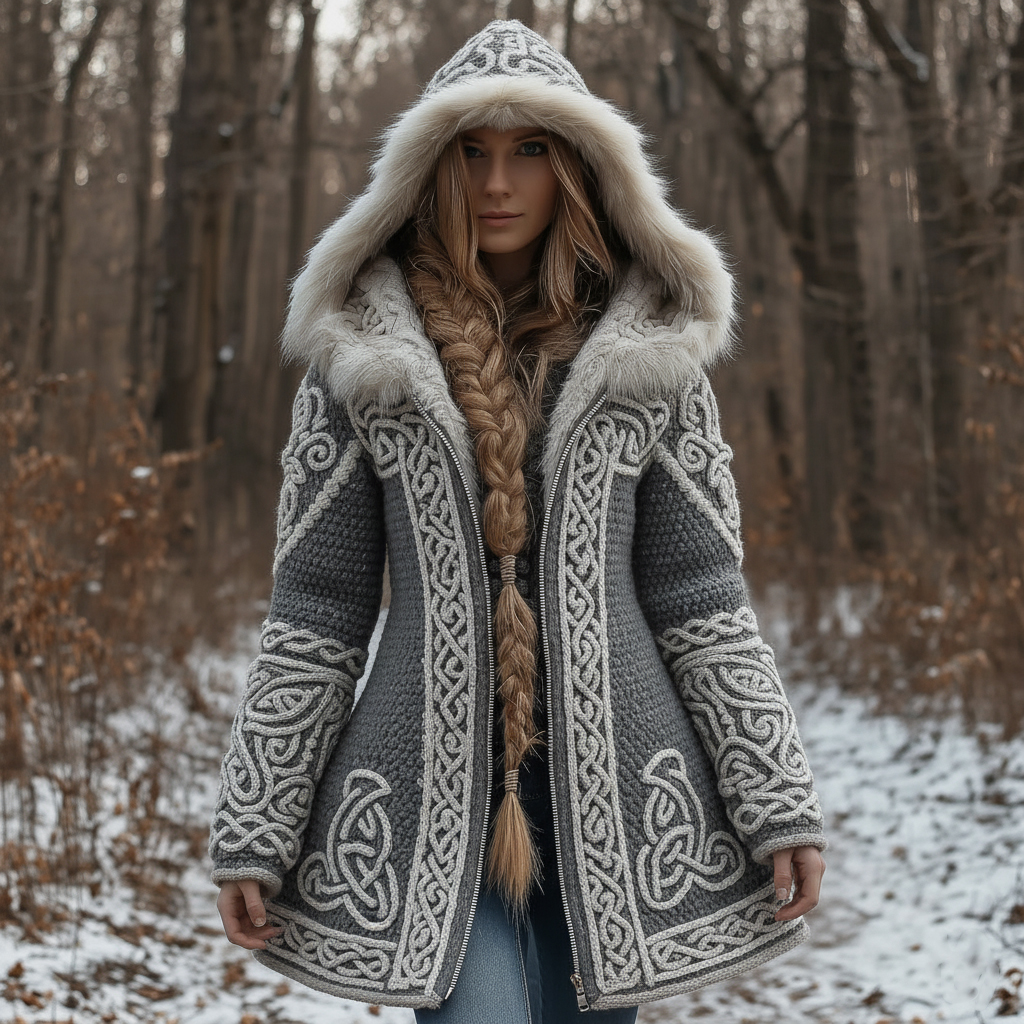 Women's Vintage Celtic Knot Knitted Print Fur Collar Zipper Sweater Jacket