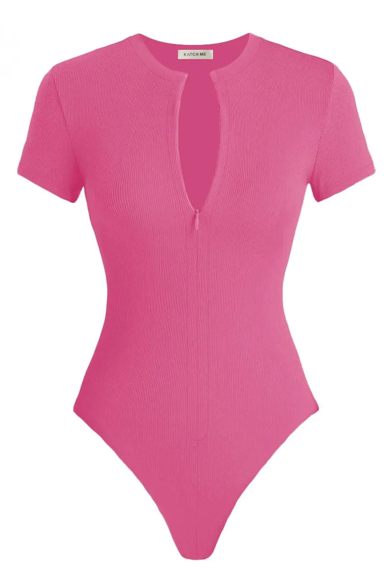 Versatile Plain Invisible Zipper Round Neck Short Sleeve Ribbed Bodysuit