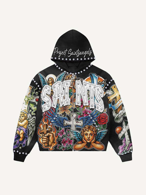Angel&Cross&Wing&Floral&Graphic&Letter Faux Decal Print Zip Up Hooded Coat