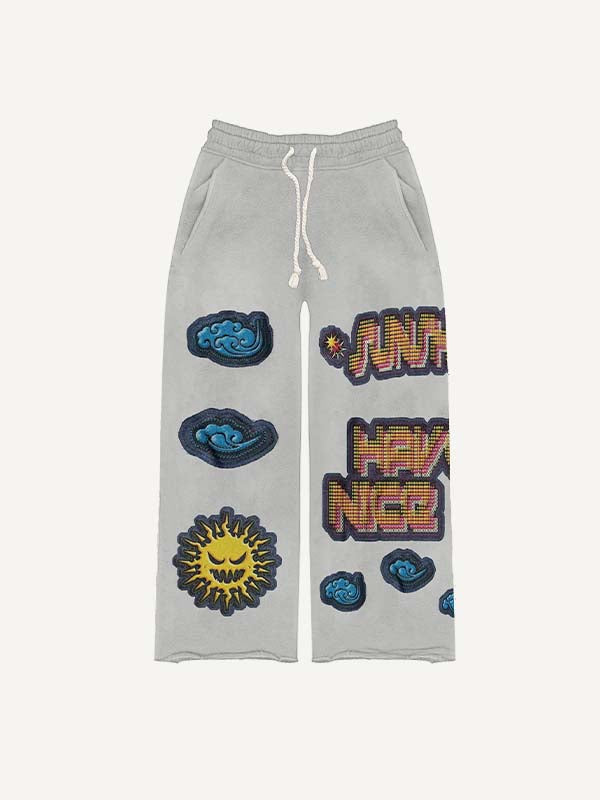 Evil Sun&Cloud&Letter Faux Decal Print Elastic Waist Pants