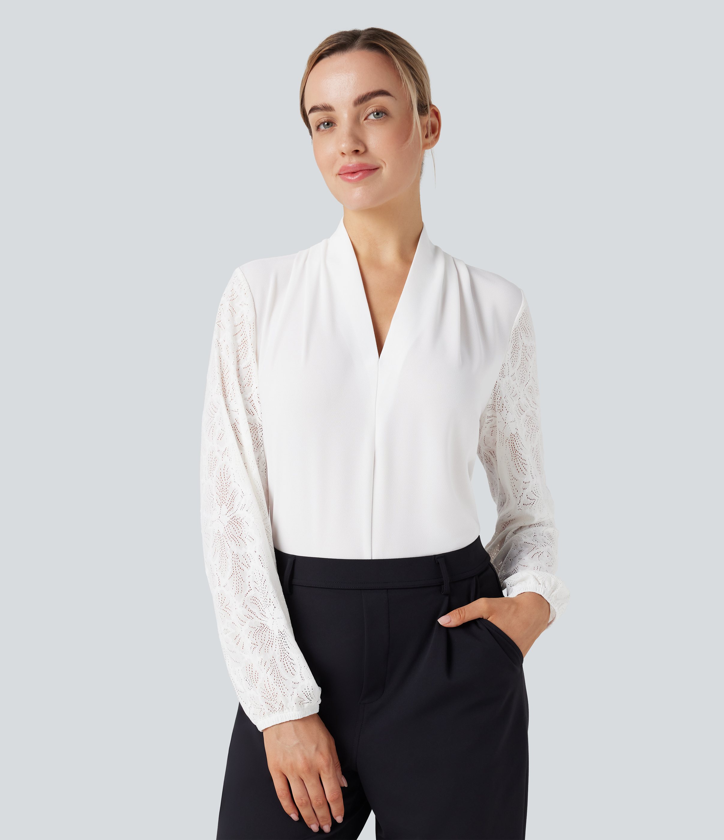 V-neck Long Sleeve Contrast Lace Work Blouse