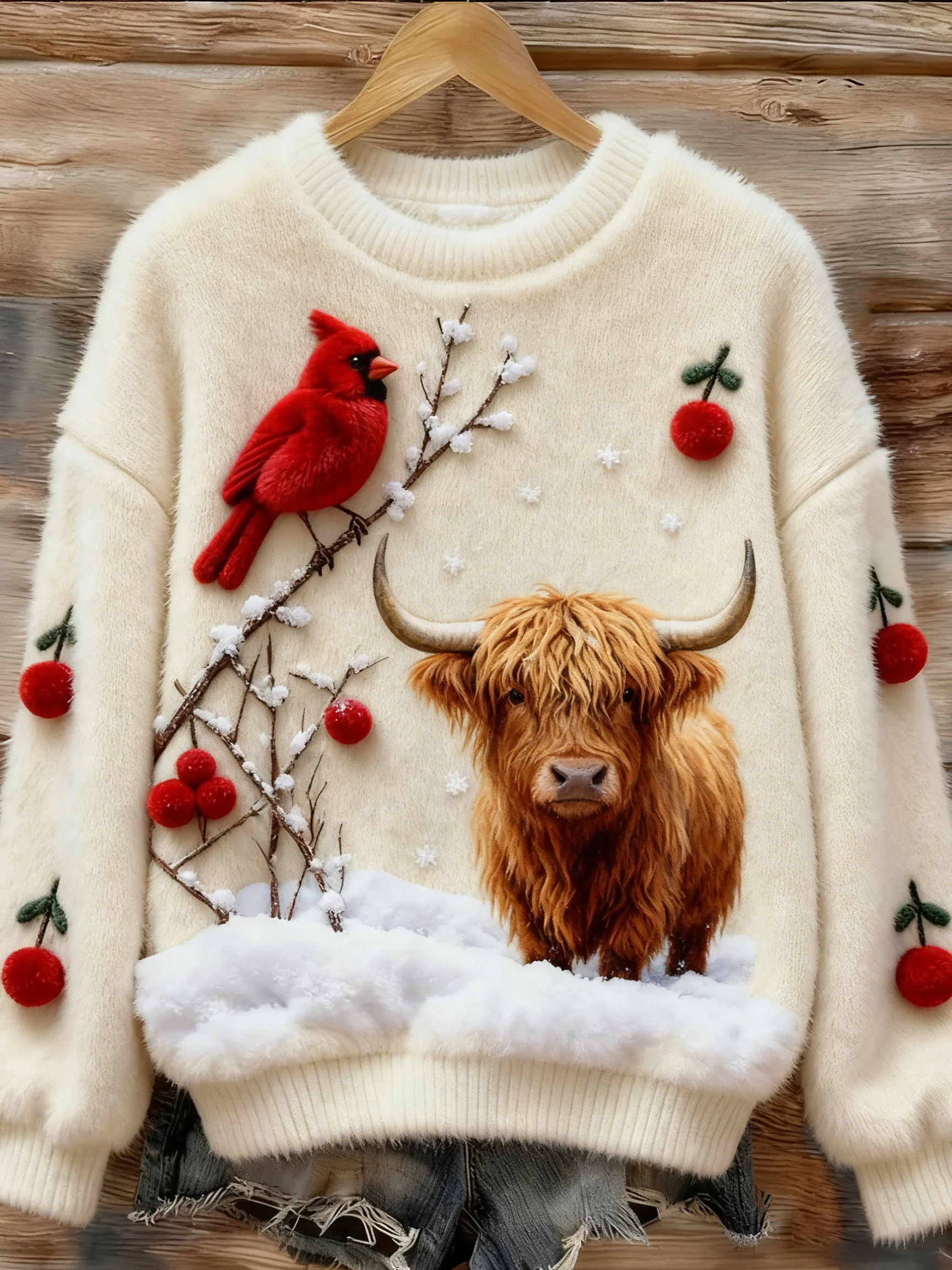 Women's Highland Cattle Print Flannel Sweatshirt