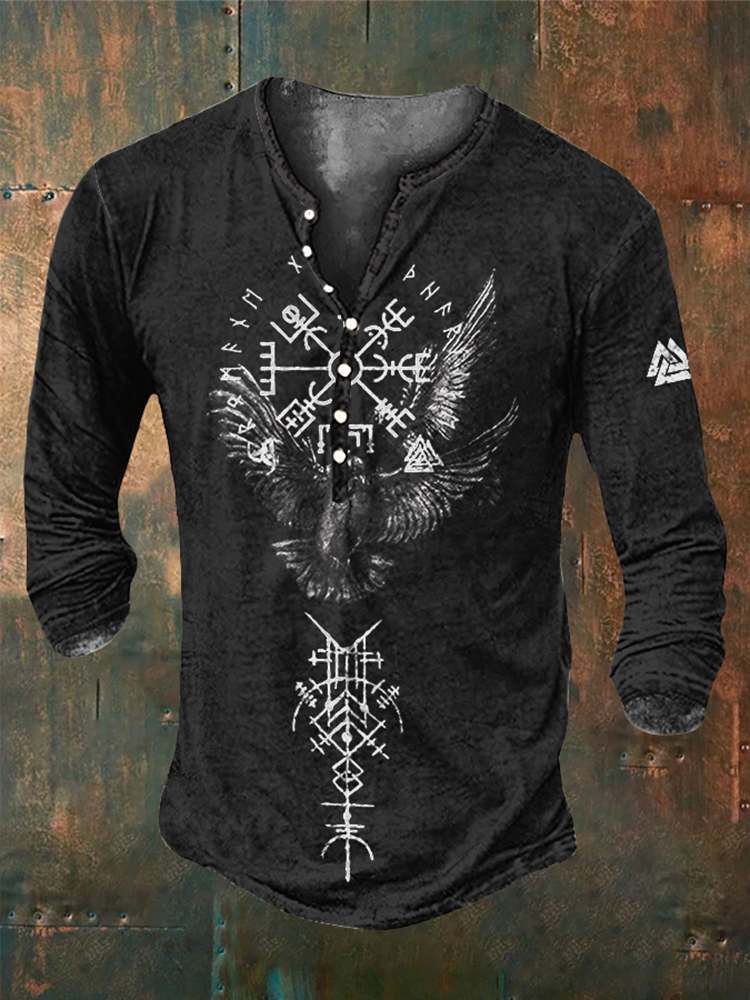 Tribal Viking Bird Graphics Contrast Henley Collar Long Sleeves T-Shirt