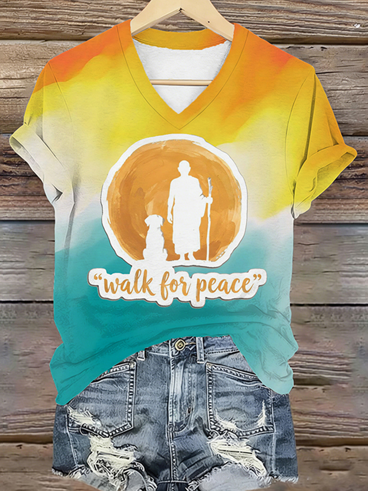Women's Retro Walk For Peace Monks With Aloka Dog Print V Neck T-shirt