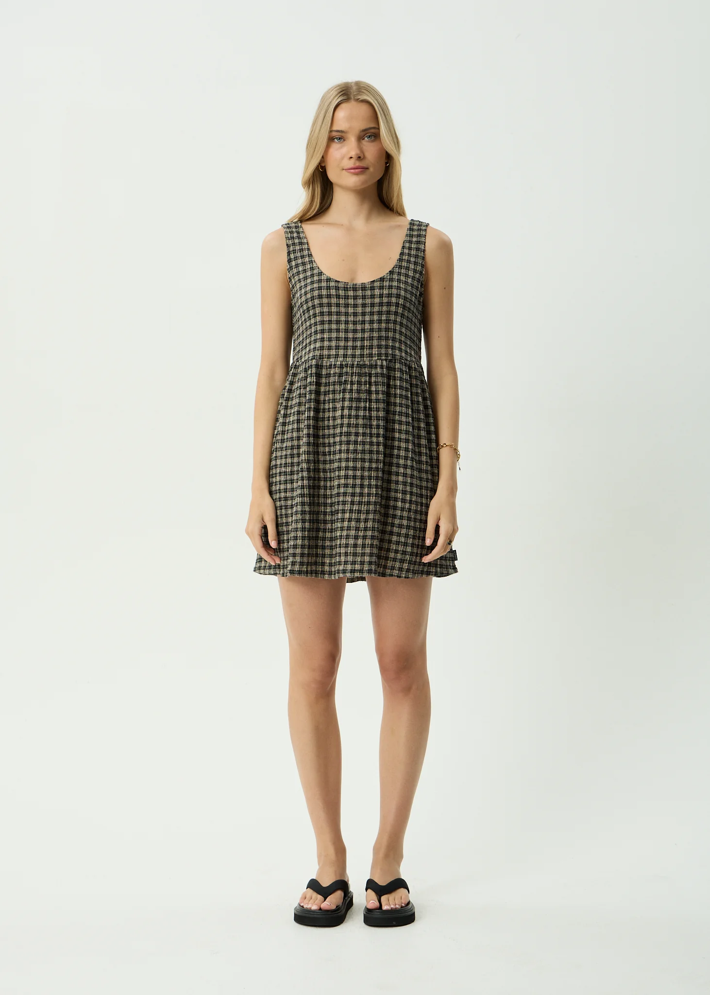 AFENDS Womens Jesse -  Seersucker Mini Dress - Tan / Olive Check
