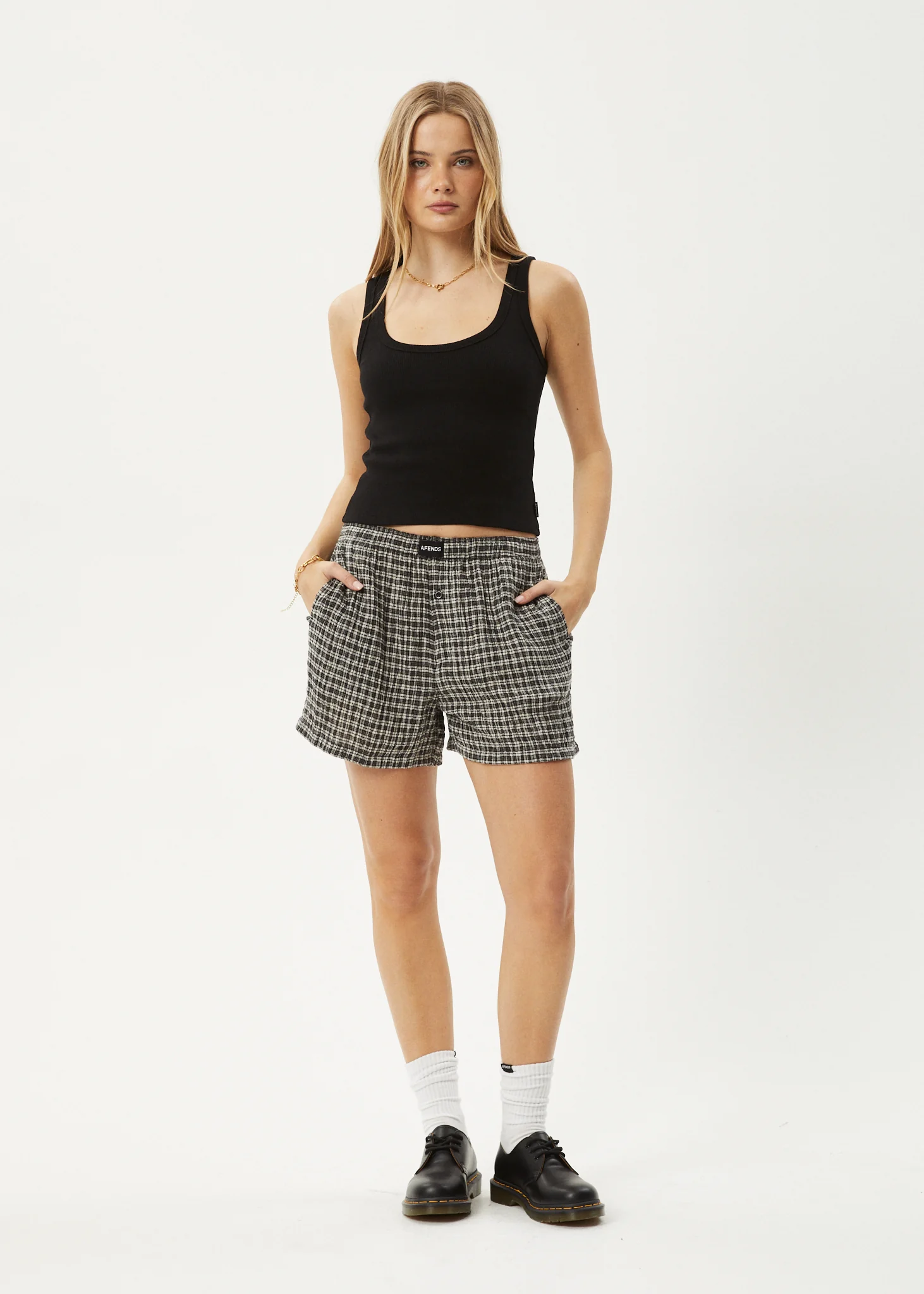 AFENDS Womens Asta - Seersucker Boxer Short - Steel Check