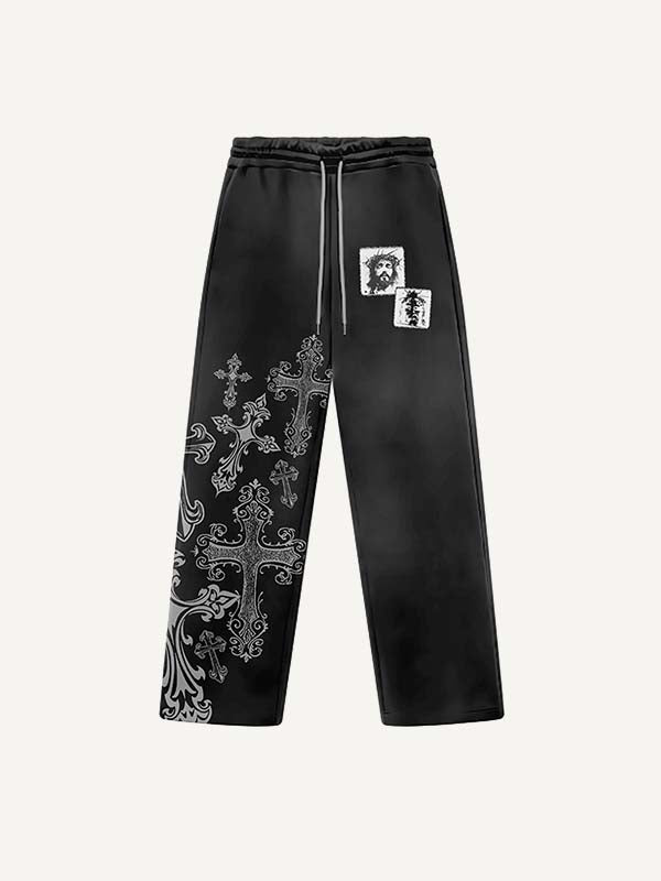 Figure&Cross Print Elastic Waist Pants