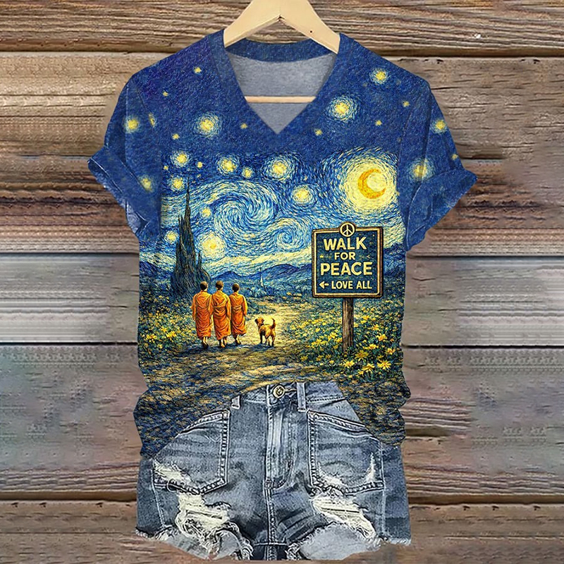 Retro Starry Night Monk And Aloka Dog Print T-shirt