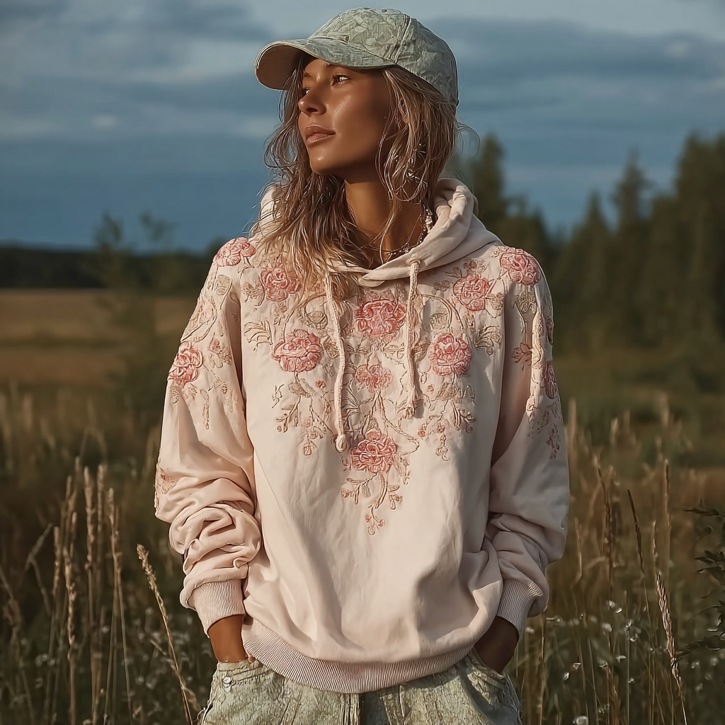Bohemian Retro Countryside Style Plant Flower Design Women's Hoodie