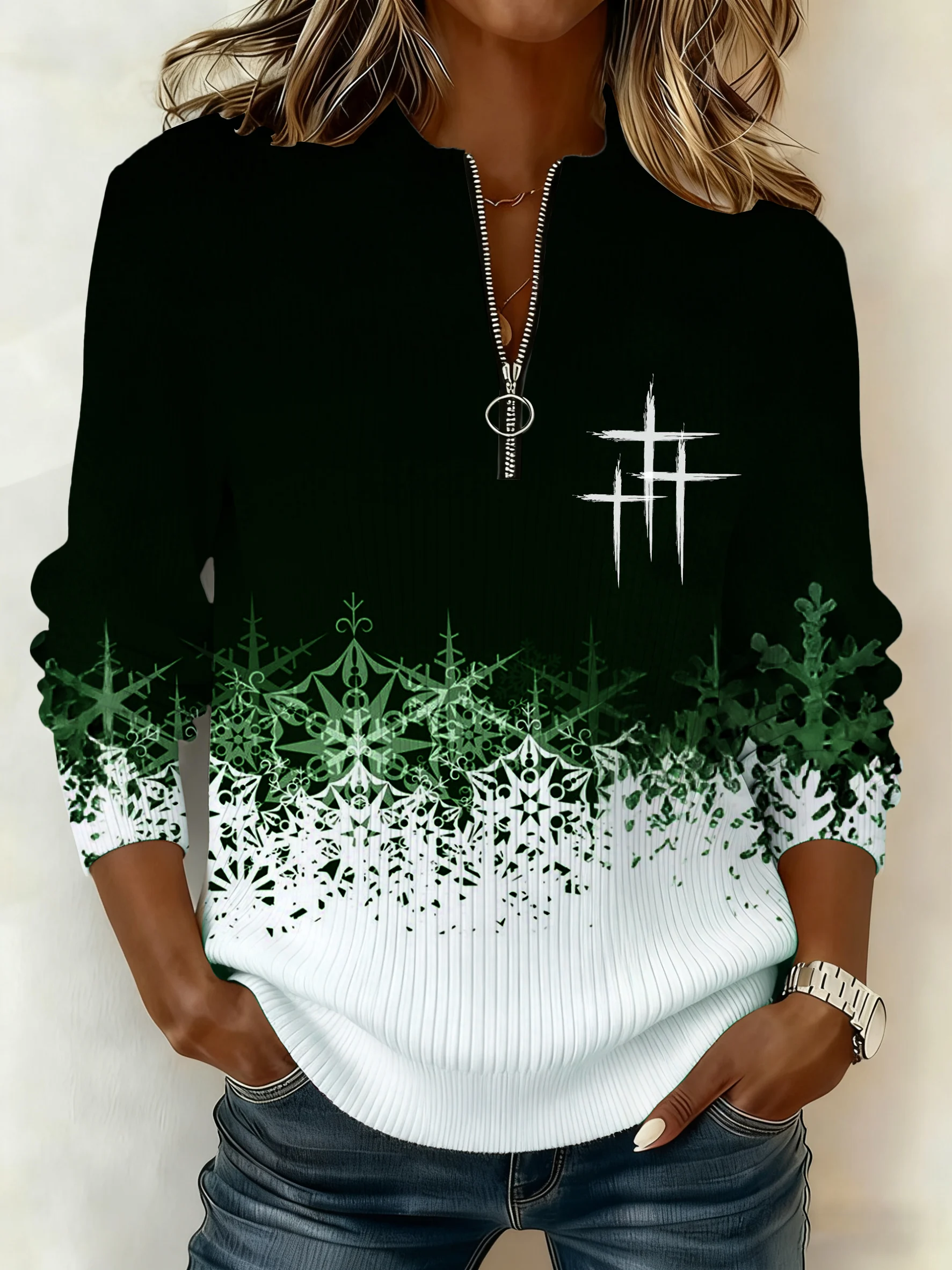 Women'S Casual Faith-Themed Christmas Print Long-Sleeved Zip-Up Top-Fast Shipping