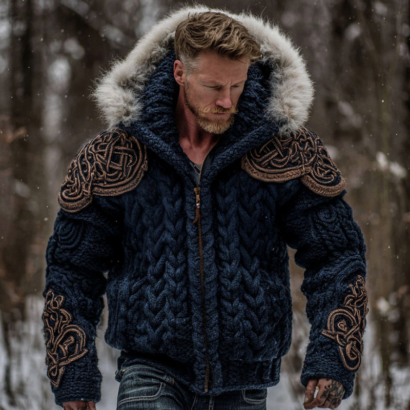 Men's Viking Celtic Knot Art Cozy Fur Collar Knit Hooded Sweater Jacket