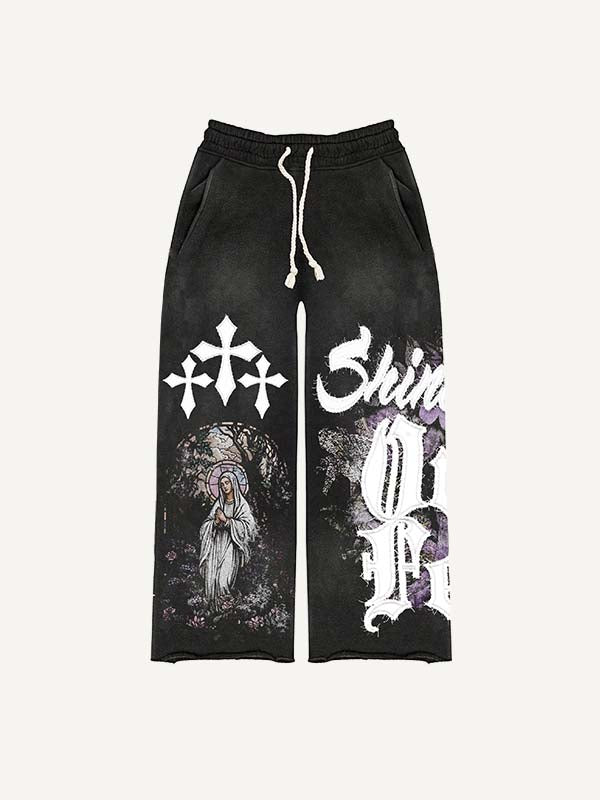 Mary&Jesus&Pray&Cross&Letter Faux Decal Print Elastic Waist Pants