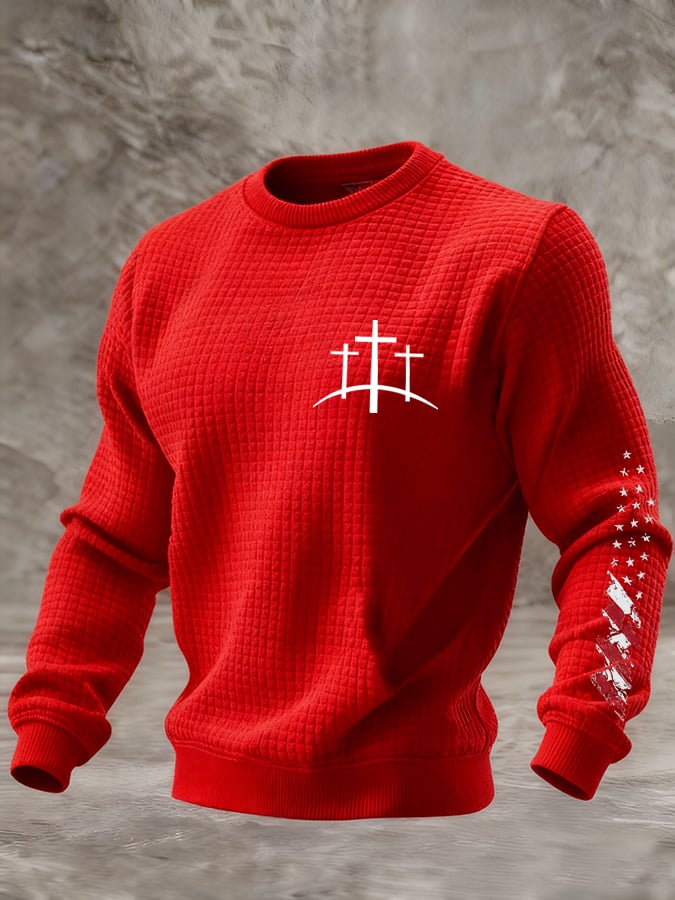 Men's Retro Faith Print Check Crew Neck Sweatshirt