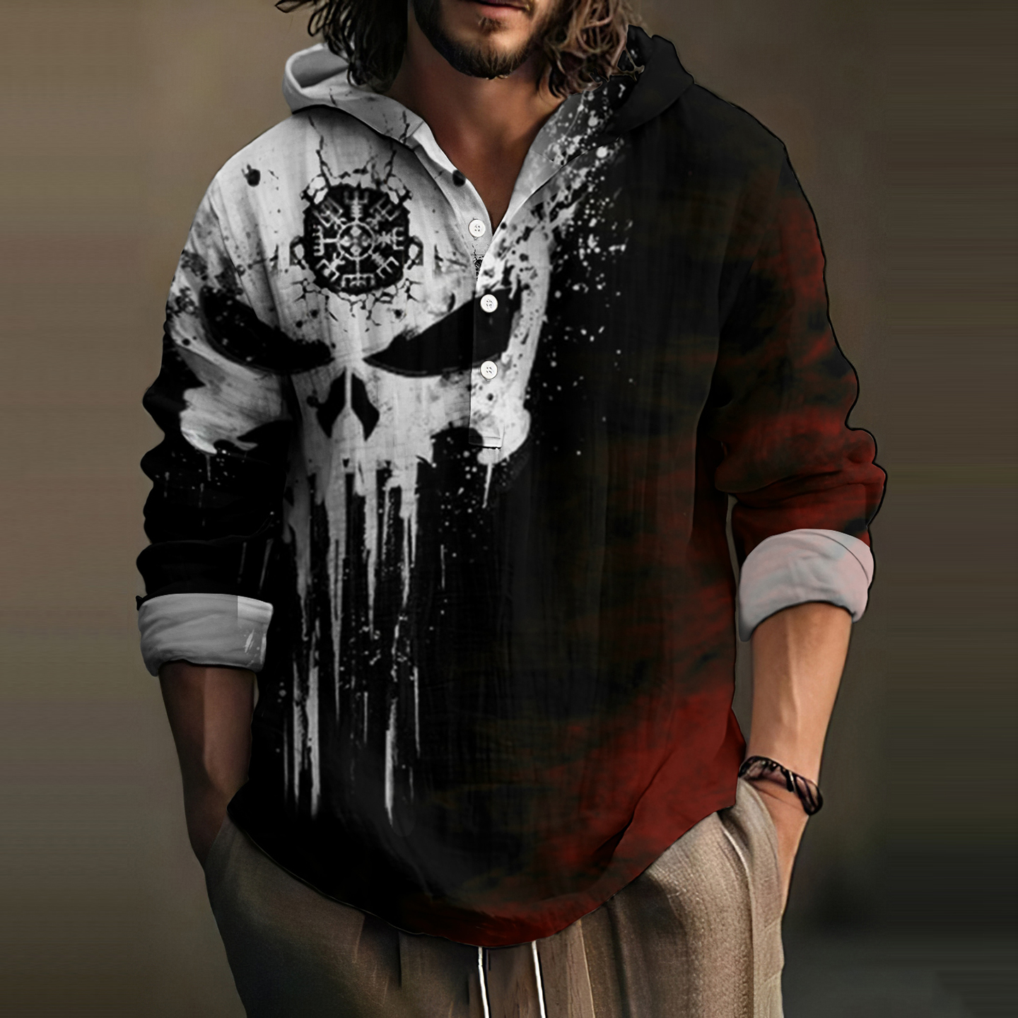 Vintage Viking Skull Contrast Color Art Men's Linen Hooded Shirt