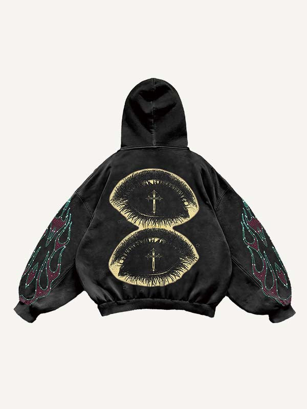 Eye&Cross&Graphic Faux Rhinestones Print Slant Pockets Hoodie