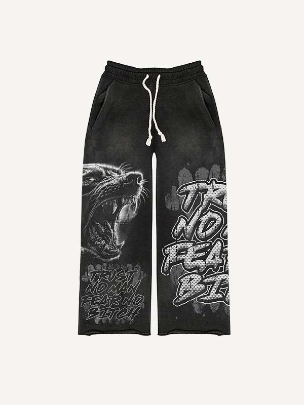Wolf&Fire&Letter Print Elastic Waist Pants