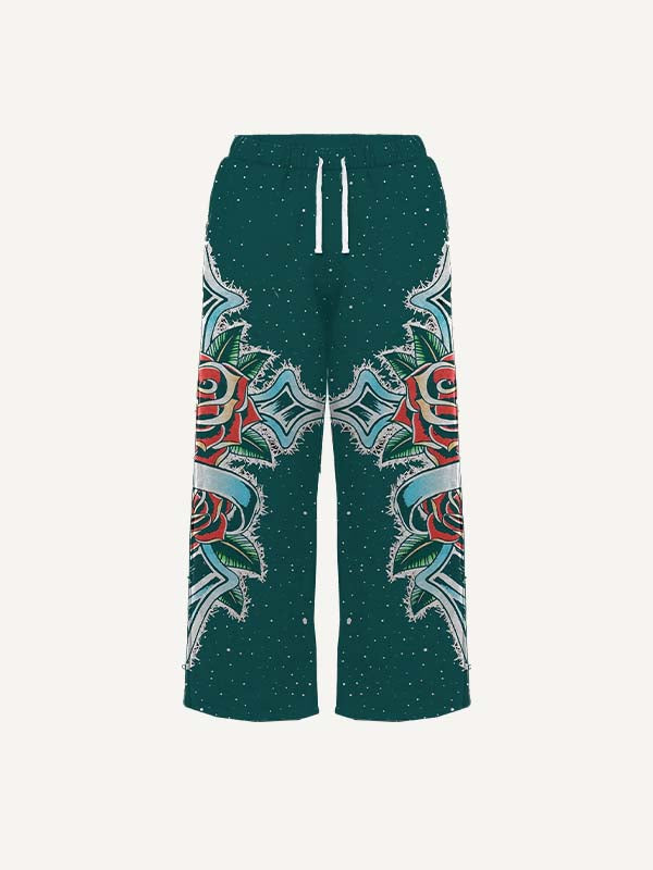 Cross&Floral&Letter Faux Decal Print Elastic Waist Pants