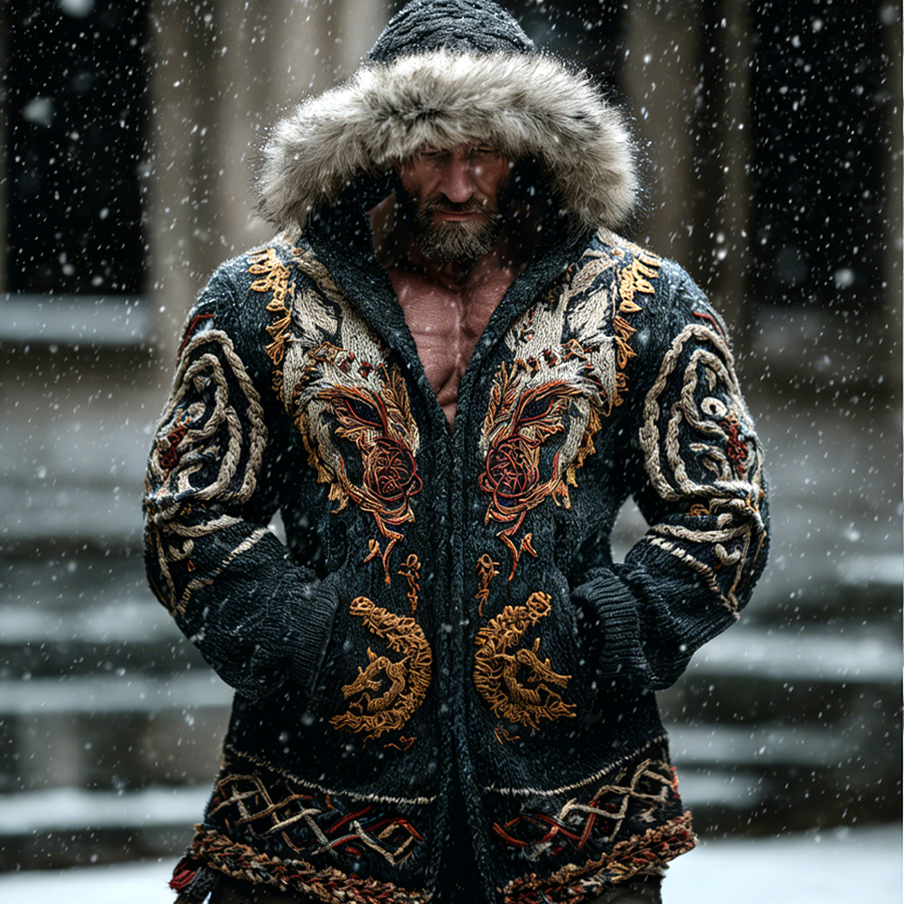Men's Retro Viking Wolf Embroidered Print Hooded Jacket