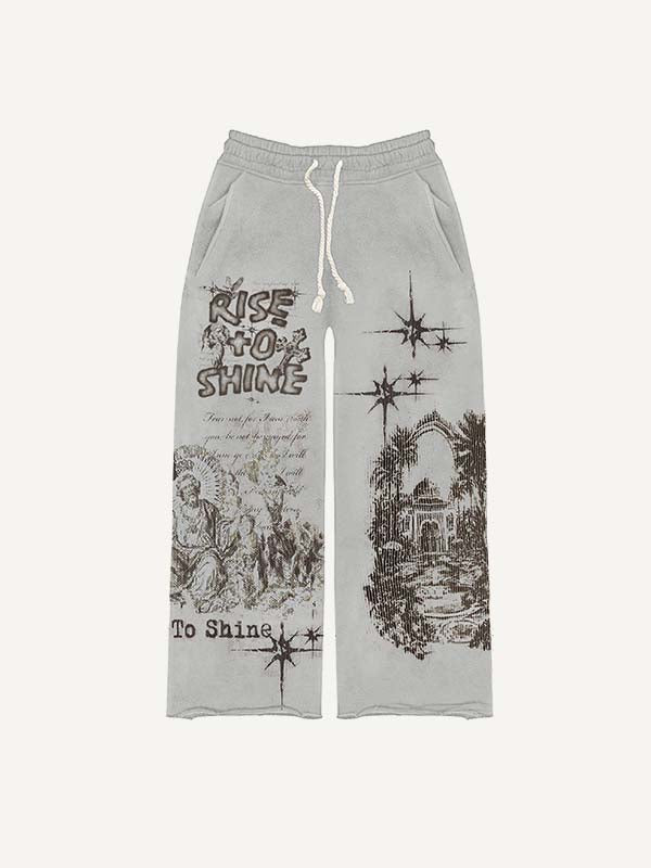 Figure&Cross&Letter&Pigeon Print Elastic Waist Pants