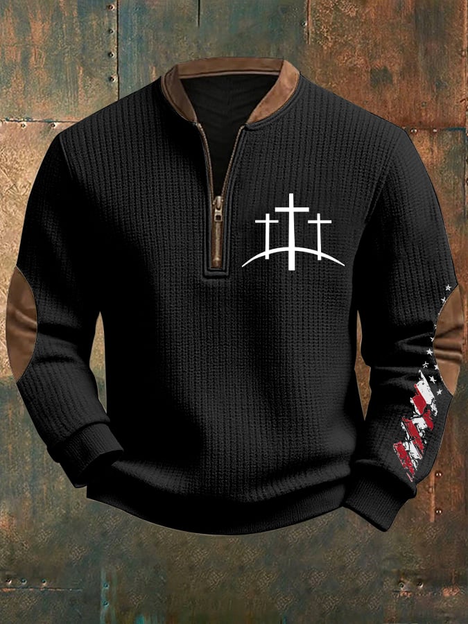 Men's Retro Faith Design Printed Zip Knit Sweatshirt