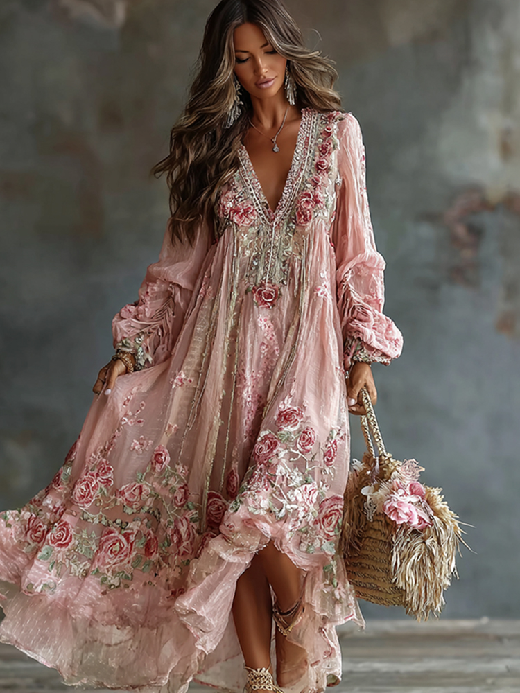Women's Retro Floral Art Flowy Linen Blend Casual Long Sleeve Maxi Dress