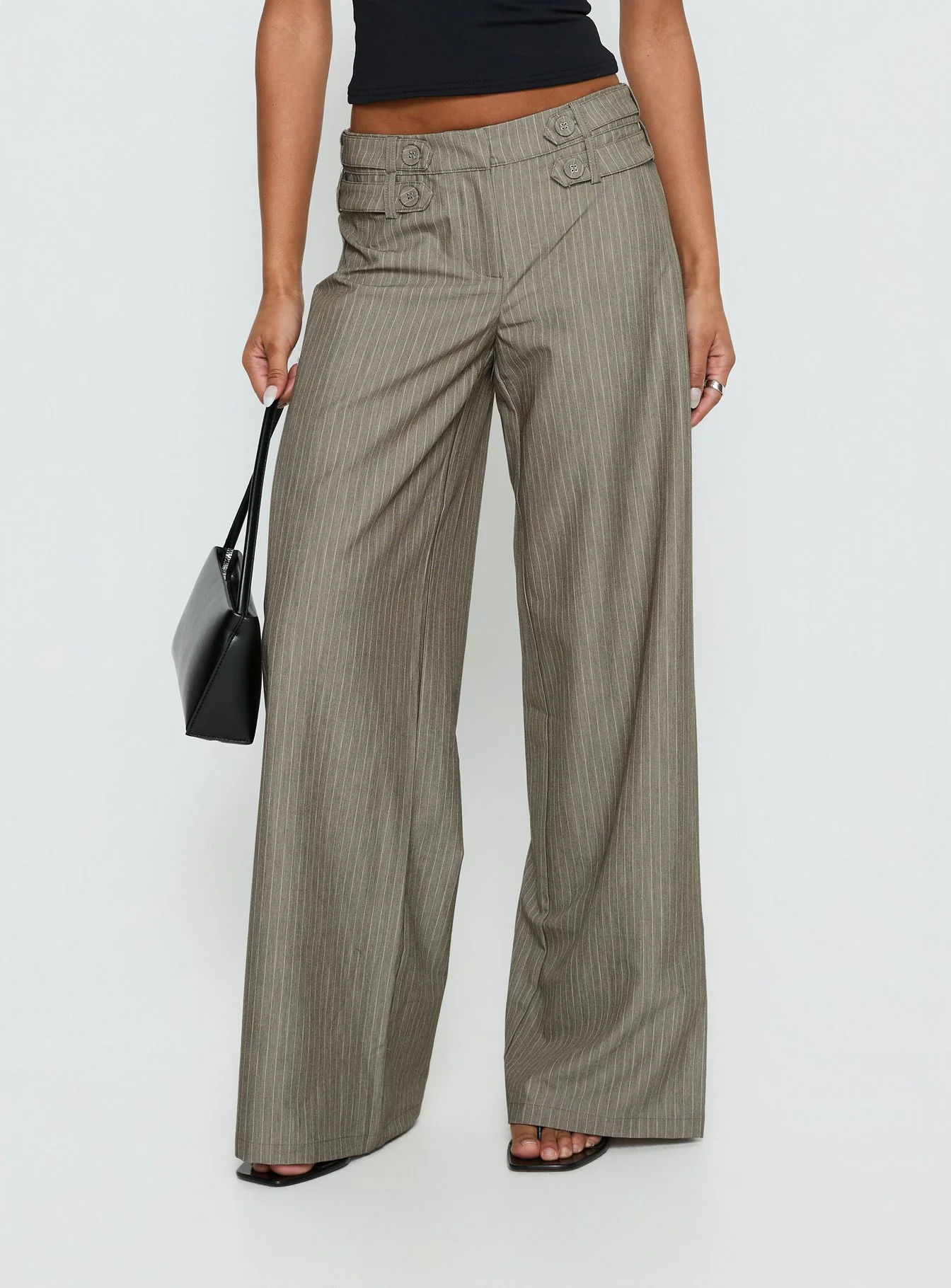 Jette Tailored Buckle Pant Taupe Pinstripe