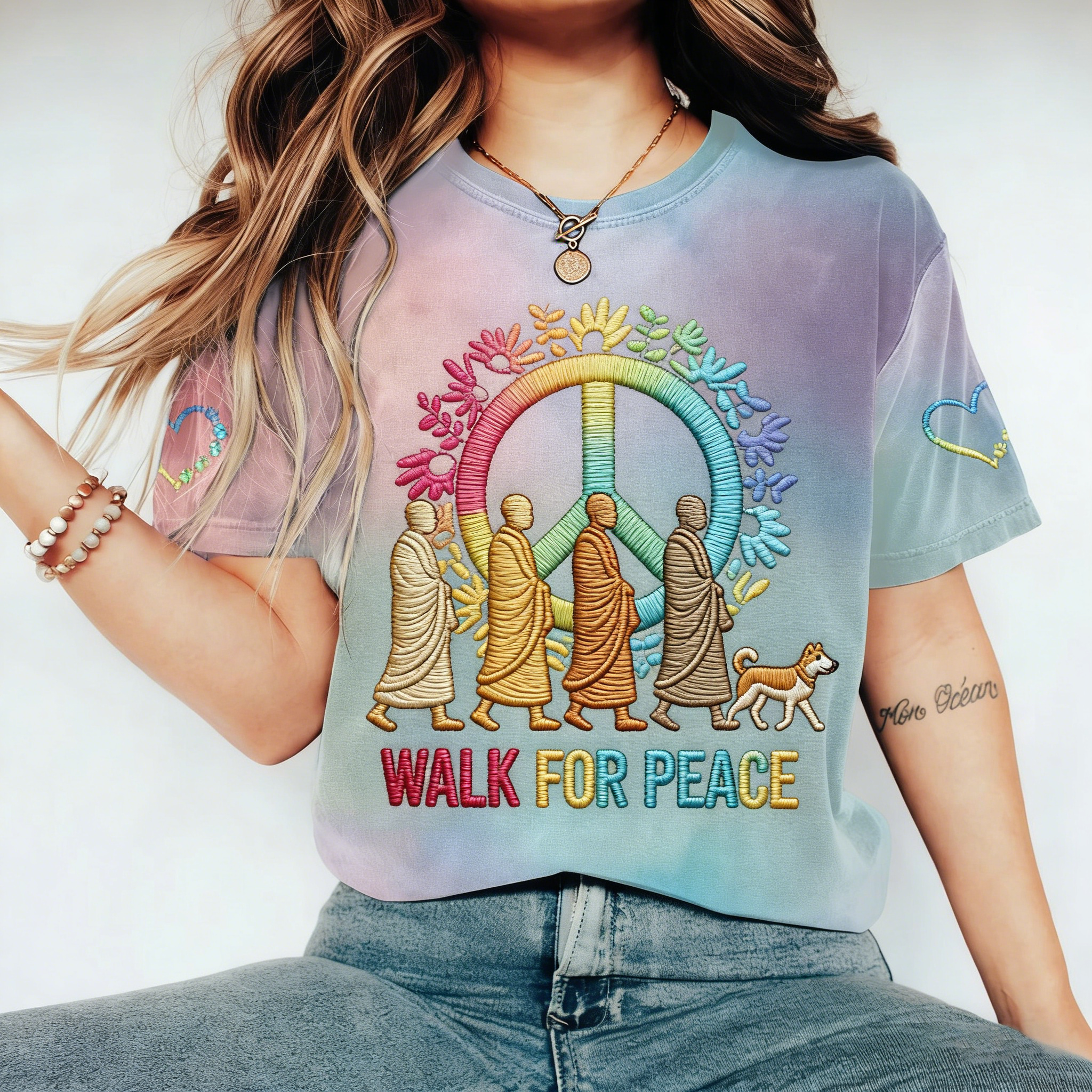 Vintage Peace Walking In Hippie Gradient Washed T Shirt