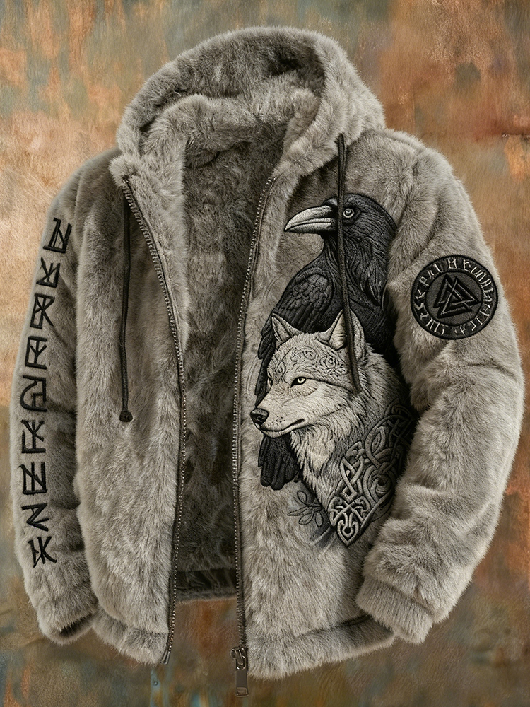Men's Viking Tribal Jacquard Celtic With Crows & Wolves Inspired Plush Warm Zipped Hooded Jacket