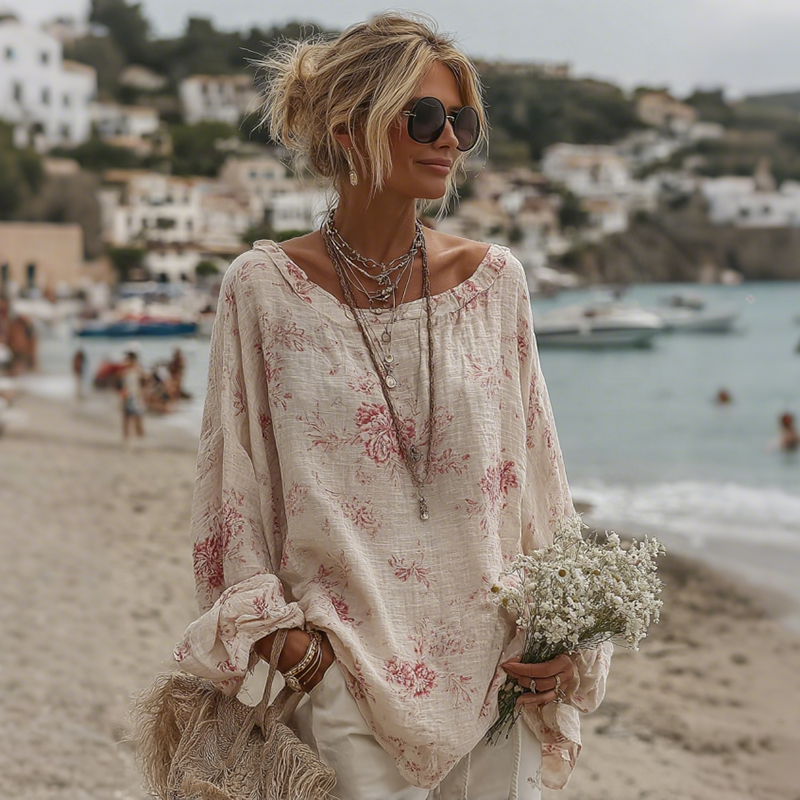 Women's Roses Print Crew Neck Linen Blend T-shirt