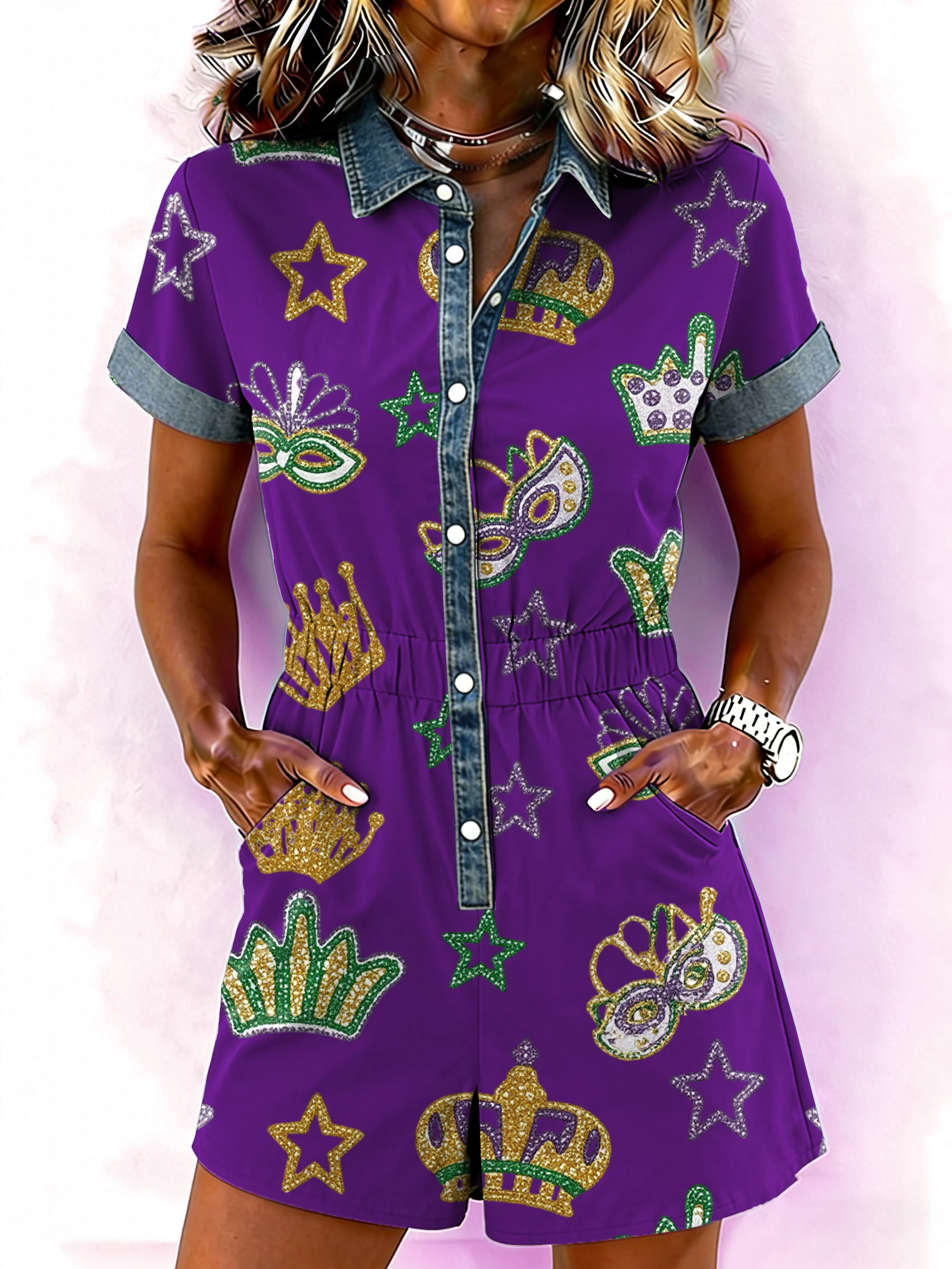 Women's casual Mardi Gras crown print jumpsuit