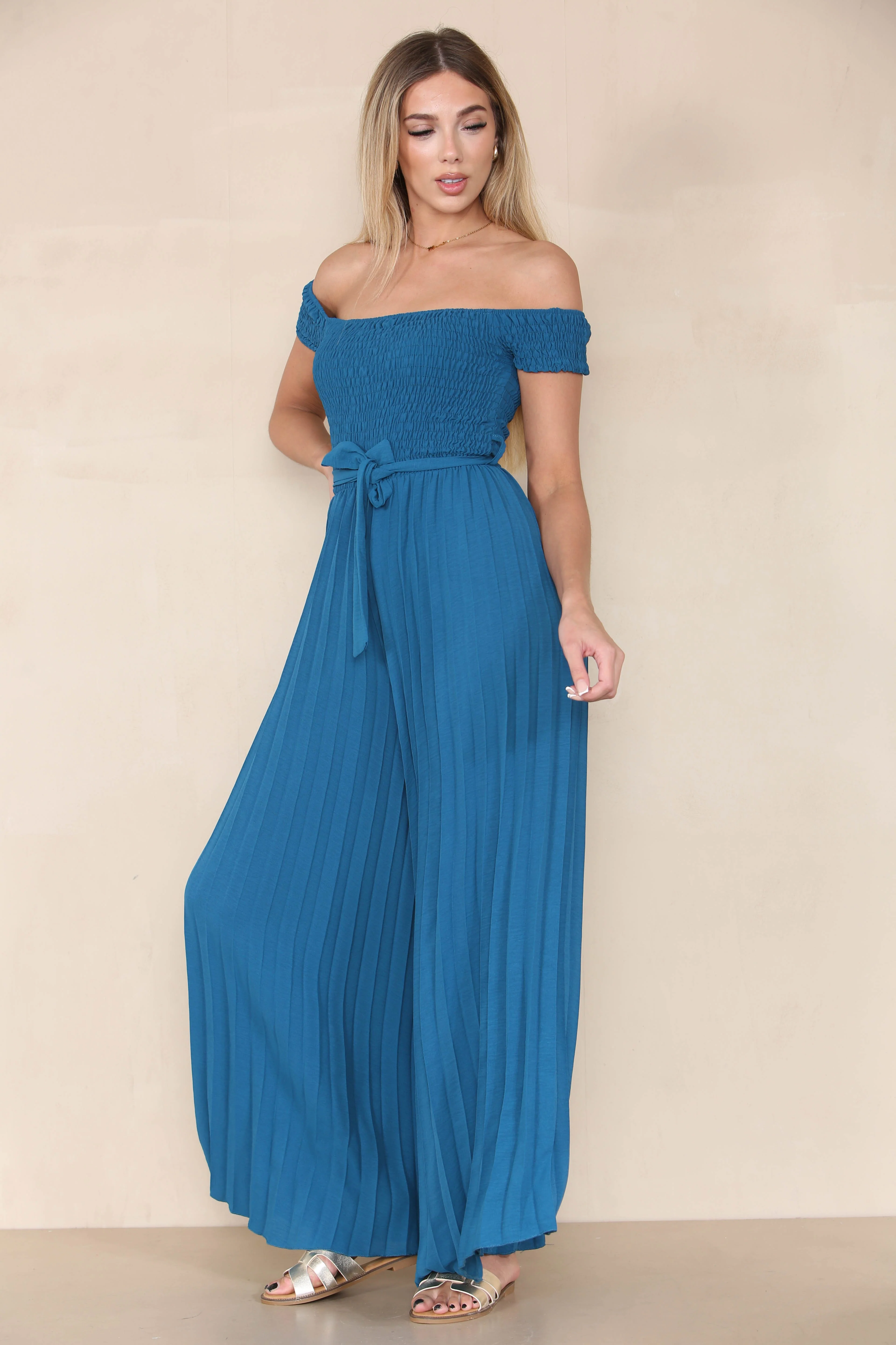 Trendy Off The Shoulder Waist Tie Pleated Jumpsuit