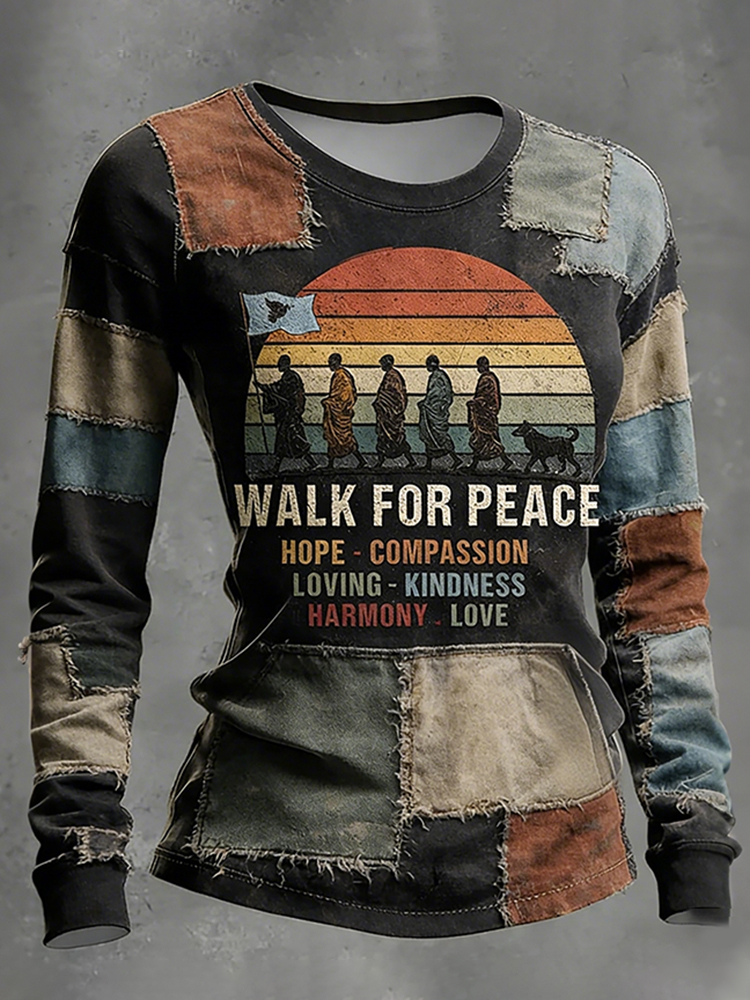 Walk For Peace Artistic Patchwork Print Women's Comfortable Tops