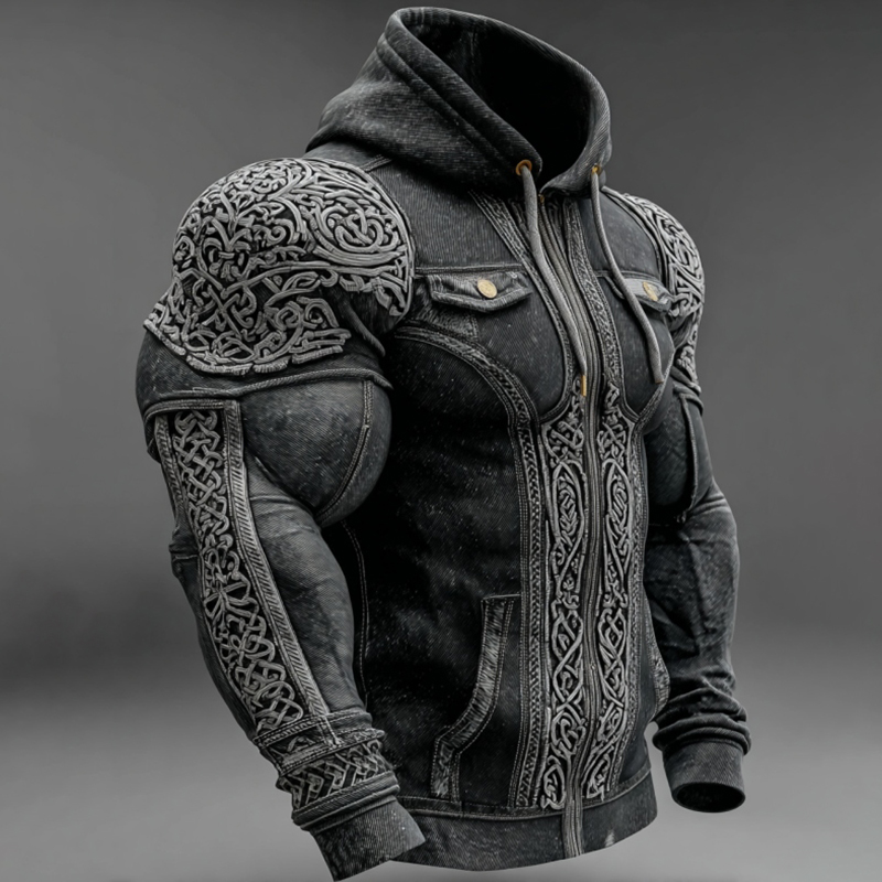Men's Retro Viking Celtic Knot Contrasting Embroidery Warm Hooded Jacket