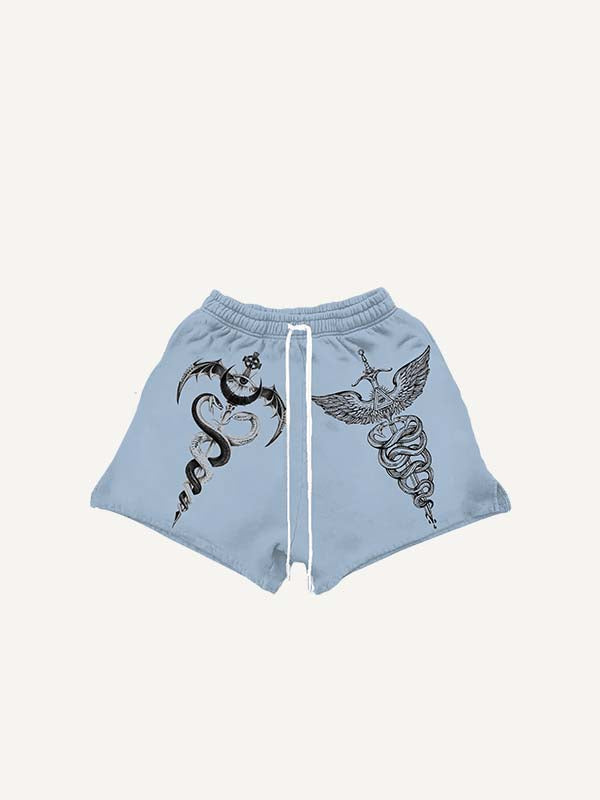 Eye&Wing&Sword&Snake Print Drawstring Waist Shorts