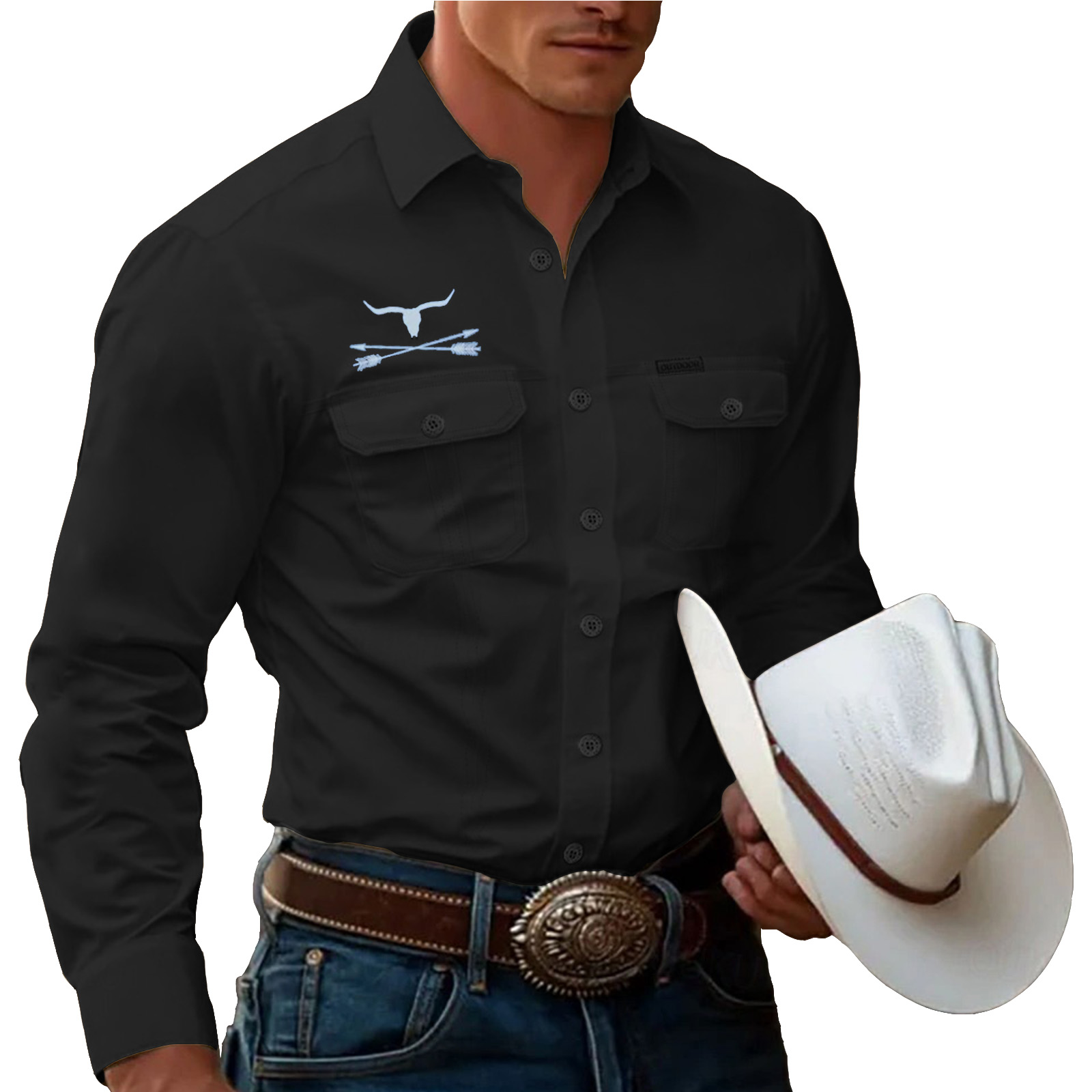 Men's Cow Work Shirt Western Shirt Cargo Shirt Long Sleeve Casual